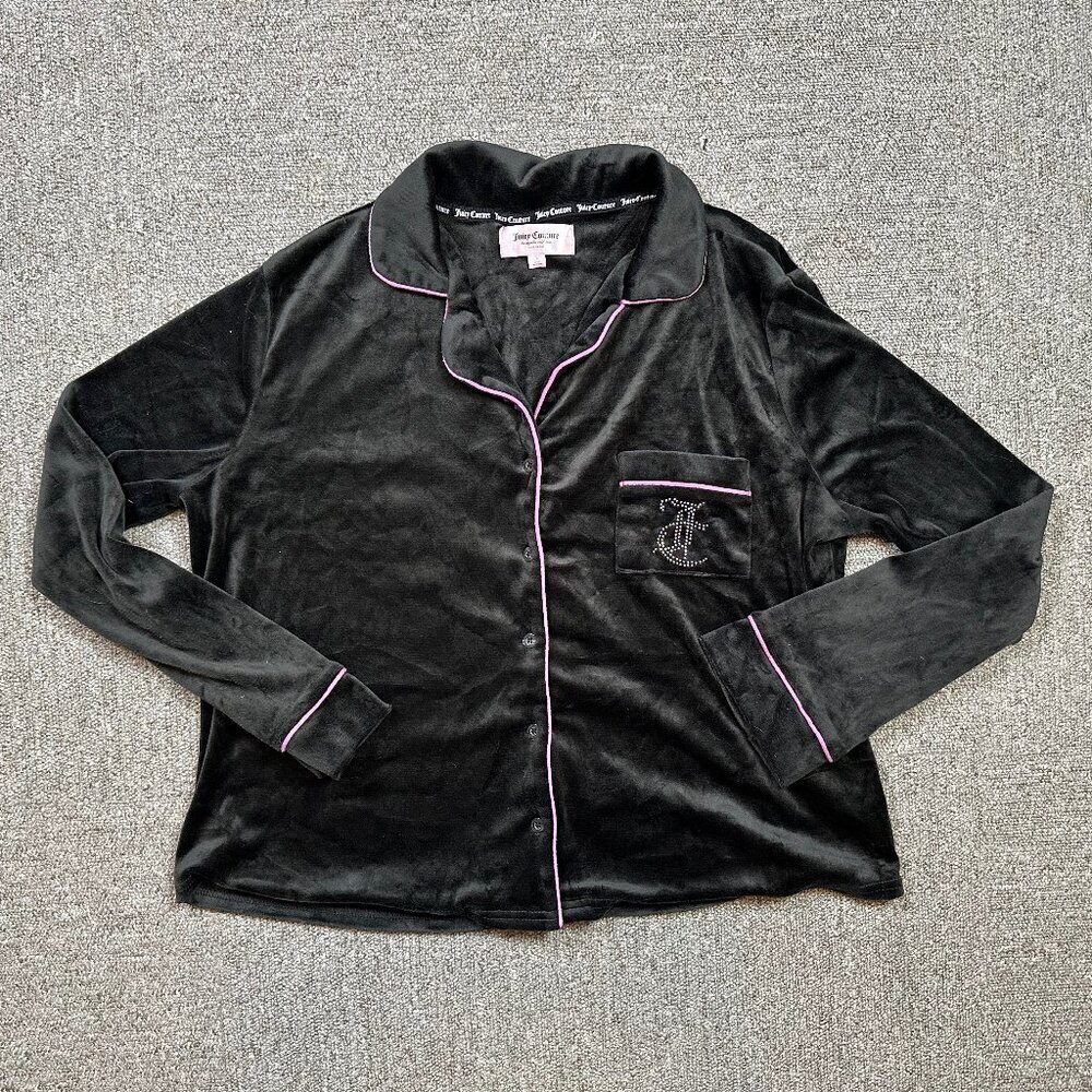 Juicy Contour Velour Black & Pink Piping Womens Button Down Pajama Top Sz Large